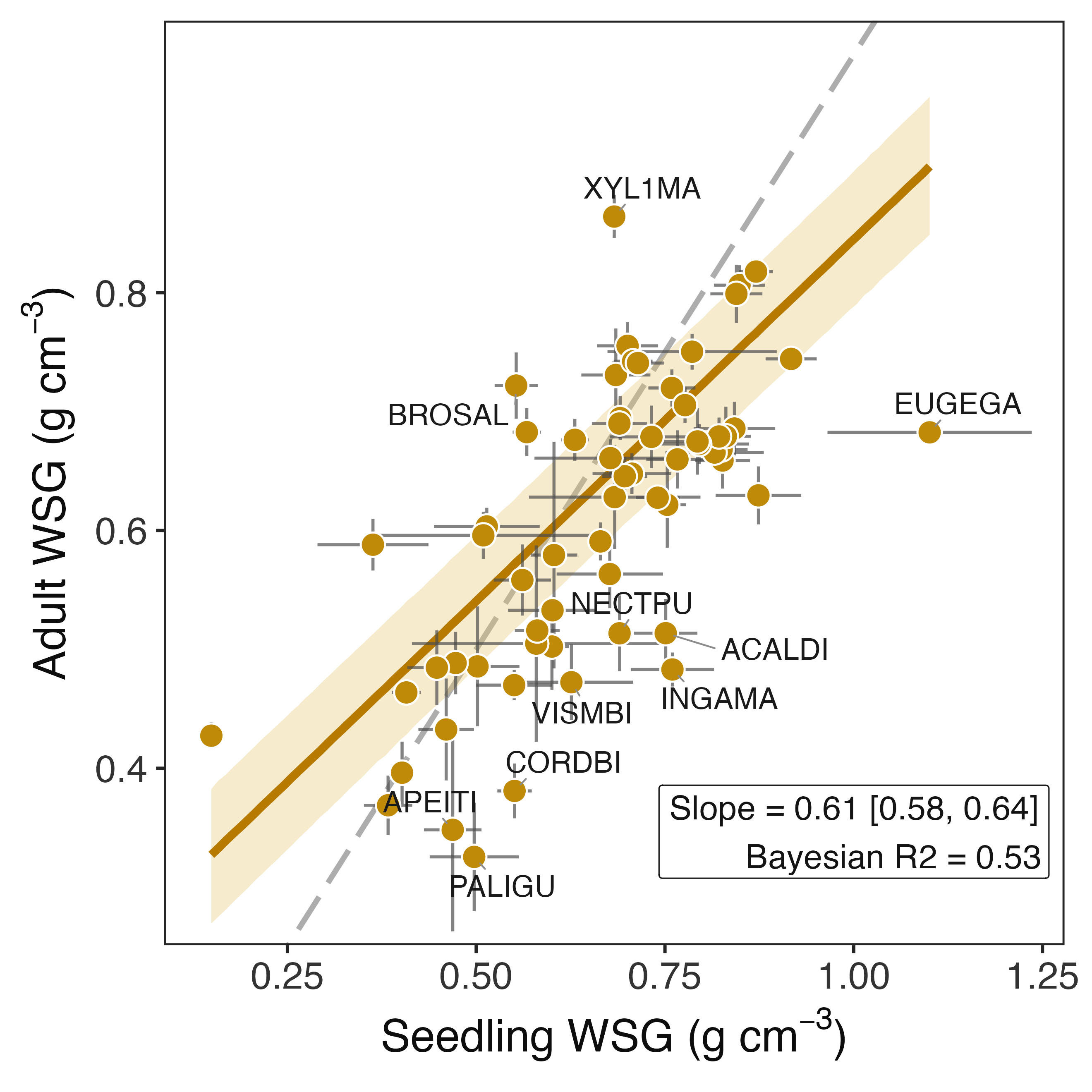 Wood density is correlated between seedlings and adults